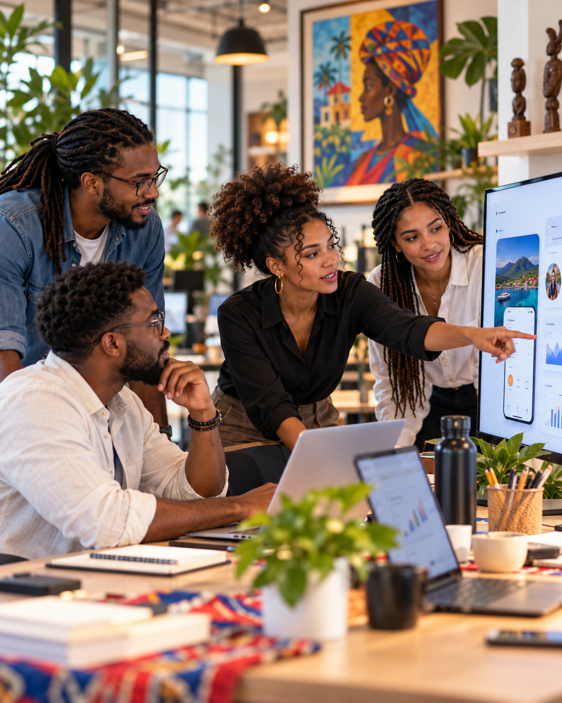 Équipe d'une startup analysant un tableau de bord